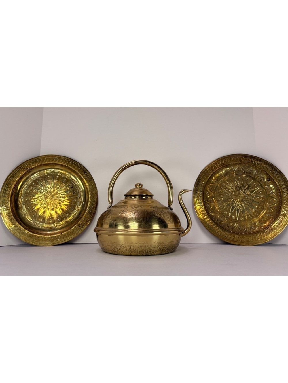 Vintage Israeli Brass Judaica Tea Set 3 Pc Hebrew Etched Teapot 2 Trays